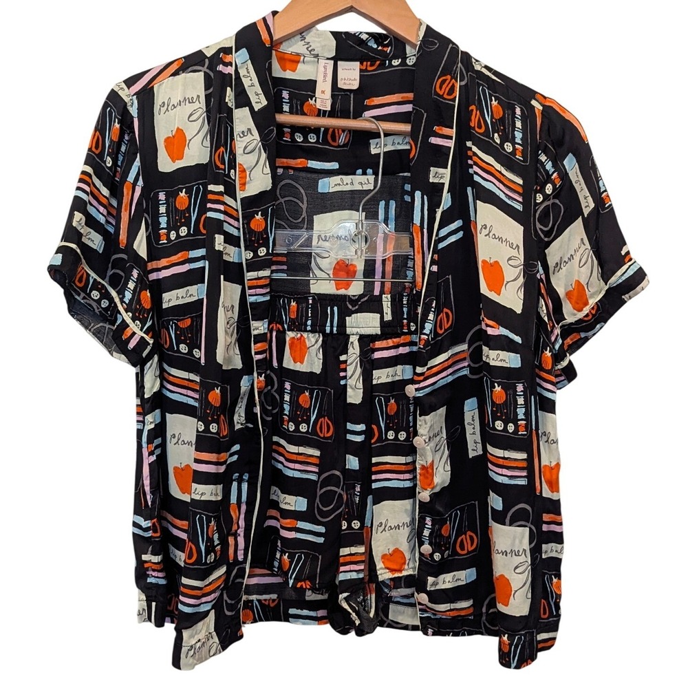 Anthro LyreBird Pajama Set S Black Phthalo Ruth Planner Print Shorts Loungewear